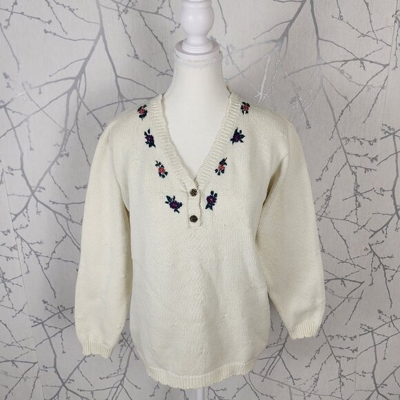 Northern Getaway VTG Ivory Cotton Knit Floral Embroidered Henley Sweater - Picture 1 of 7